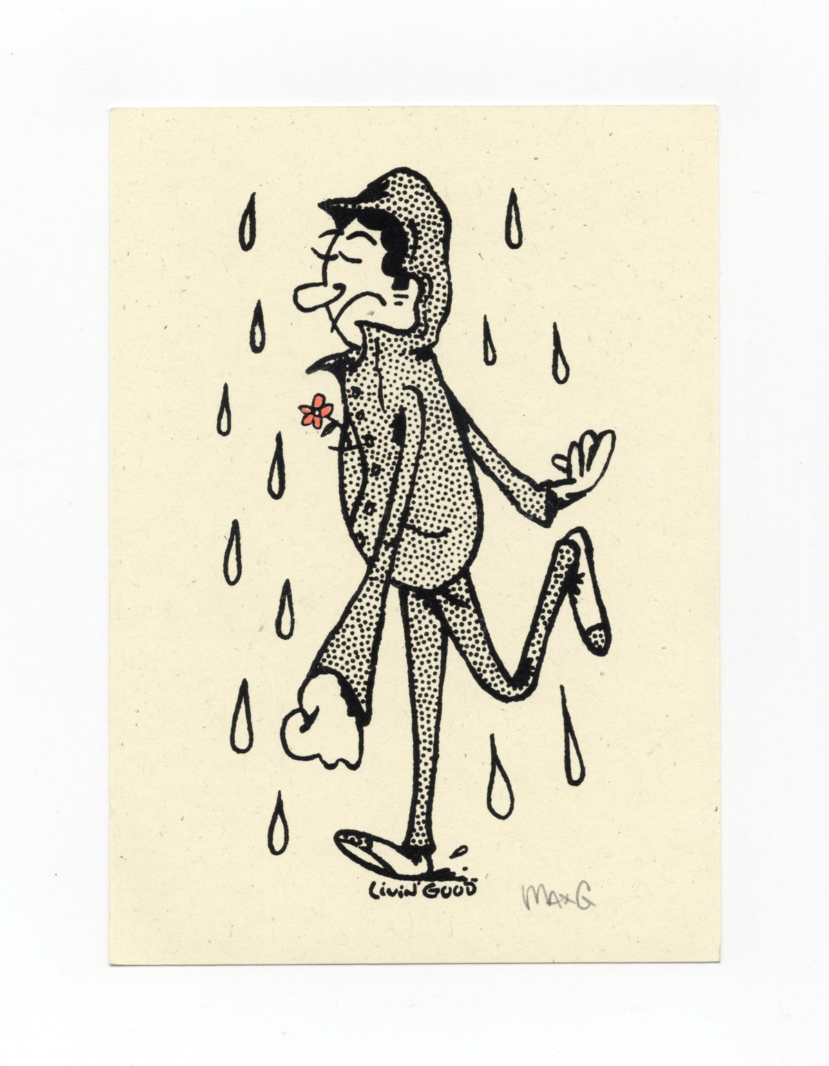 A vertical art print featuring a black ink cartoon illustration of a man in a raincoat and hat running through rain while holding a small red flower, printed on a cream card with a white border.