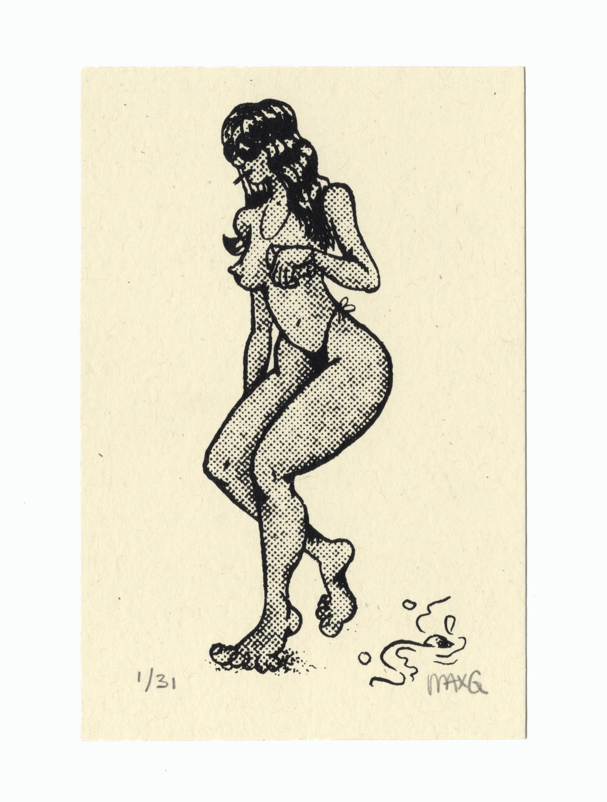 A vintage art print featuring a black ink halftone illustration of a nude woman in a dancing pose, printed on a cream-colored card with handwritten edition and artist markings.