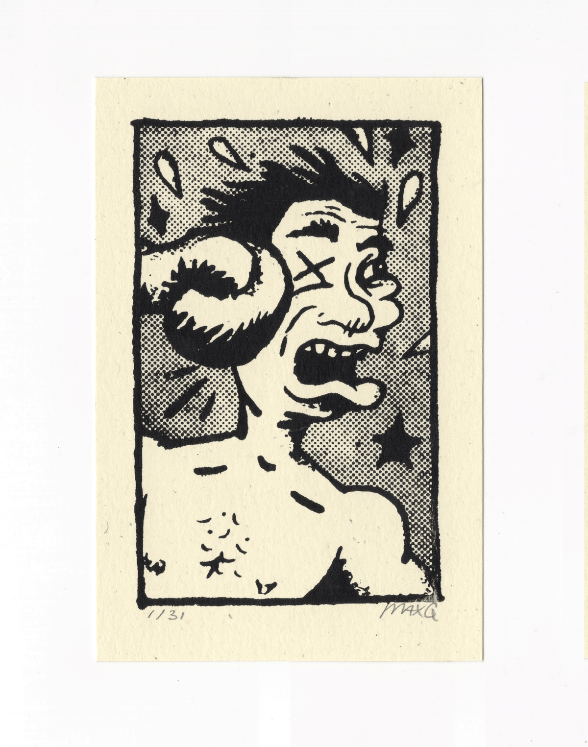 Punch. Hand-pulled 1-color screen print. 4×6". Signed and numbered — edition of 31 by Max Gordon / Livin' Good Studios.