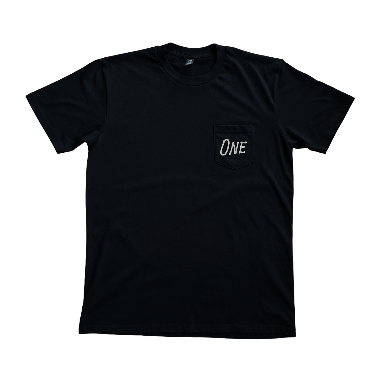 A black short-sleeve crewneck pocket t-shirt with the word 'ONE' printed in white script on the chest pocket, displayed flat against a white background.
