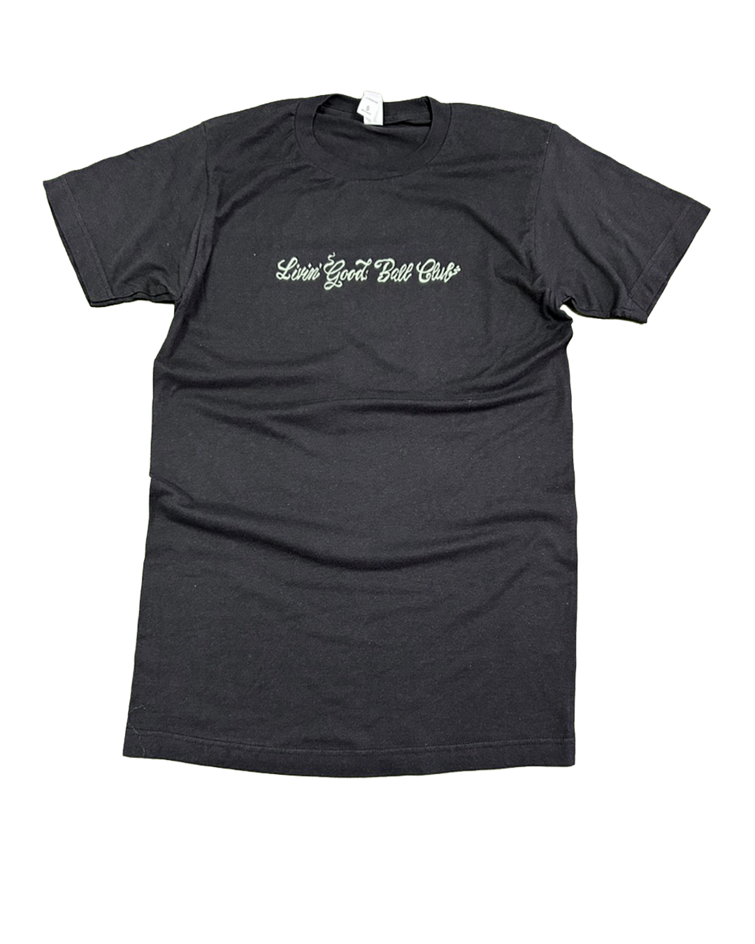 A dark charcoal gray short-sleeve t-shirt with 'Love Your Bad Guys' printed in a light green cursive font across the chest, displayed flat against a white background.