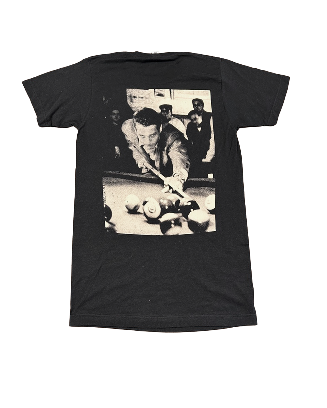 A black short-sleeve t-shirt with a large black-and-white graphic print on the back depicting a man playing pool.