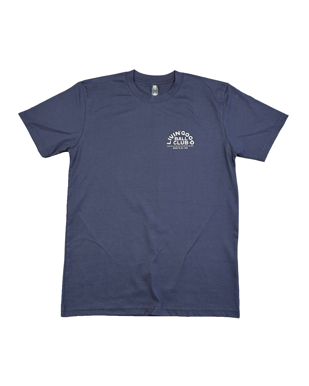 A navy blue short-sleeve crewneck t-shirt with a small white circular graphic printed on the left chest, displayed flat against a solid white background.