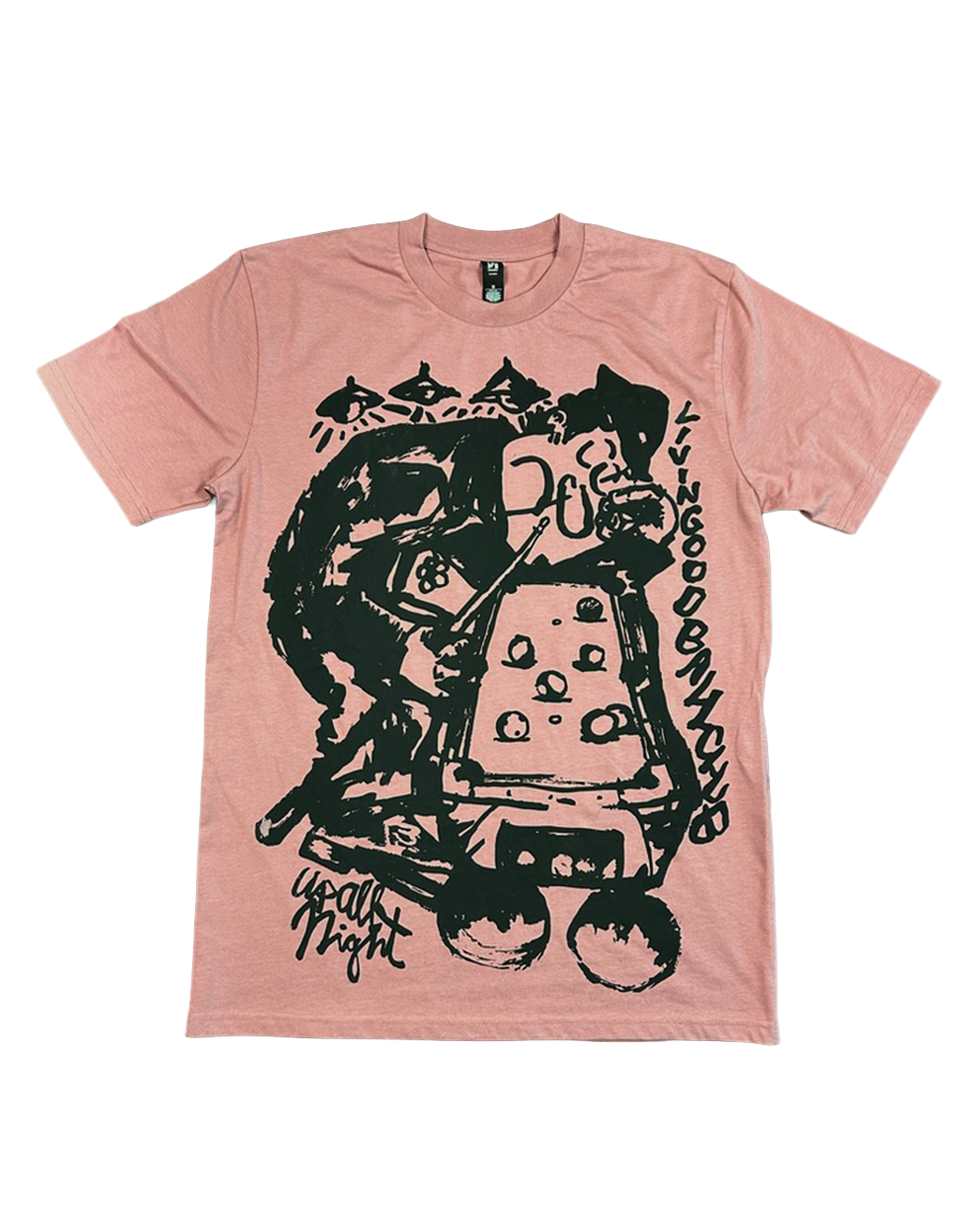 A light pink short-sleeve t-shirt with a large black graphic print on the front, featuring a stylized figure and the text 'Kingdom of the Dead' and 'Death Night'.