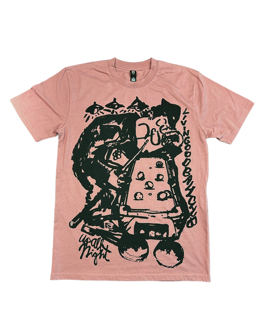A light pink short-sleeve t-shirt with a large black graphic print on the front, featuring a stylized figure and the text 'Kingdom of the Dead' and 'Death Night'.